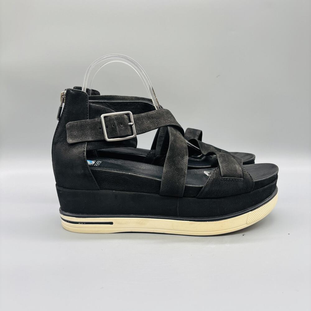 Eileen Fisher Sandals Womens 10 Black Leather Strappy Platform Wedge Zip Shoes